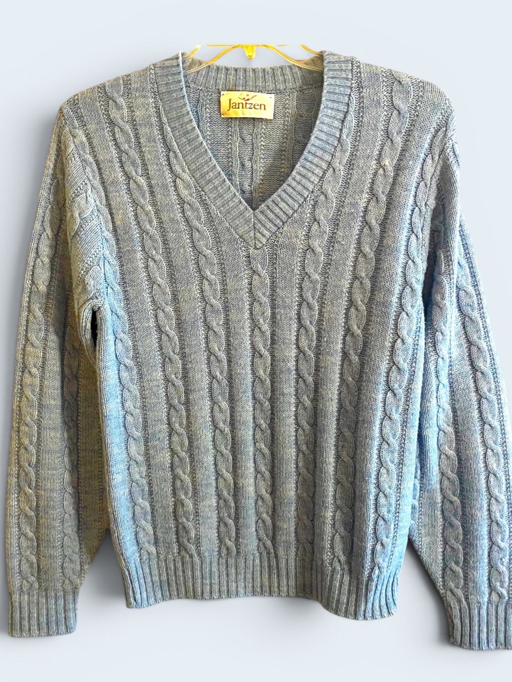 Vintage Jantzen Cable Knit V-Neck Sweater Powder Blue Soft Knit Size M (est)